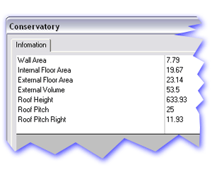 The 'Conservatory Information' page. Displaying conservatory external volume, floor area, base area (to external wall), wall area, roof pitch and roof height.