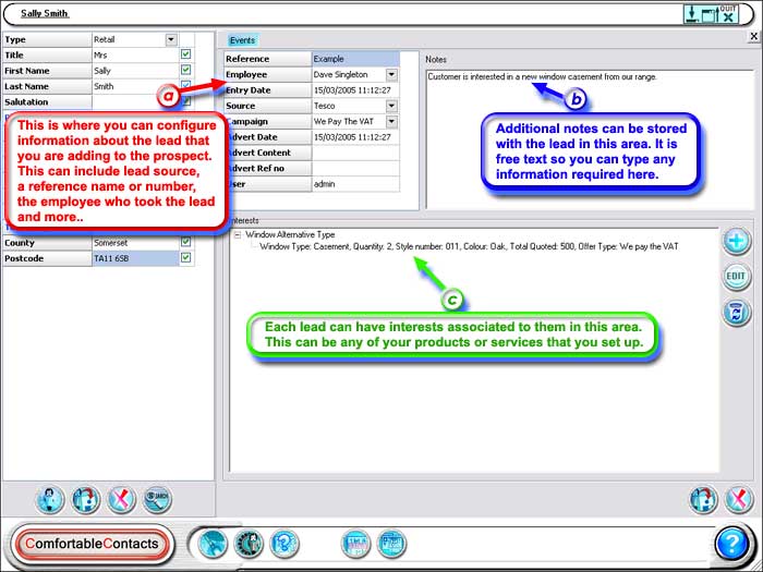 This is 'Lead' screen from ComfortableContacts CRM systems. Here you can add a new lead on the system against a prospect. Extra information about the lead including Source can be added here.