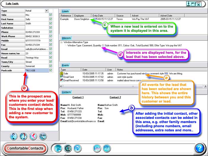 This is the main ComfortableContacts CRM system screen. This is where you can add a new prospect to the system or edit an existing prospect.